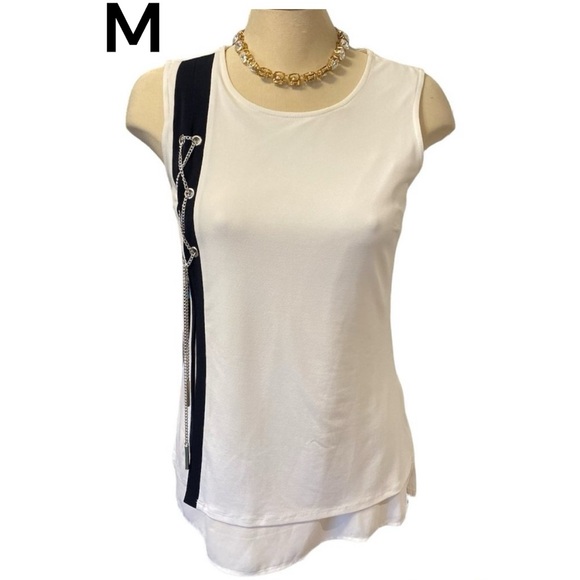 cleo Tops - CLEO Sleeveless Top Size Medium Navy Blue Stripe with Chain on Right Front